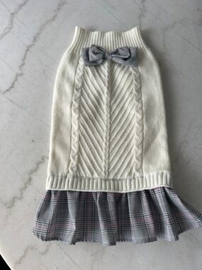 Elegant Cream Knit Dog Dress with Plaid Bow